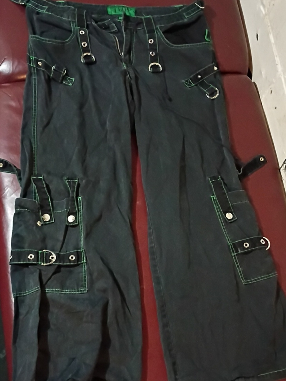 Y2K Style-Pre 2010 Tripp NYC Black Pants with Bright Green Label and Stitching